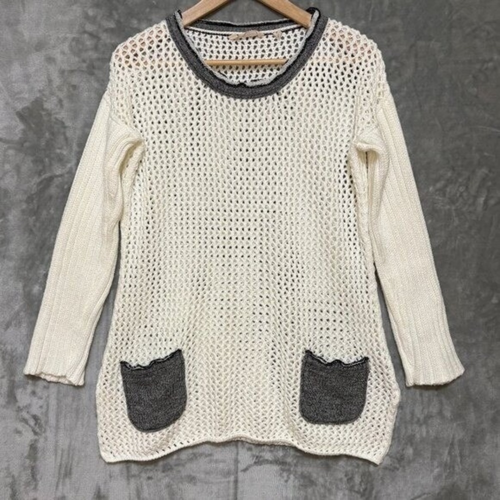 Soft Surroundings Women Open Knit Tunic Sweater Size M Cream Pockets Boho Preppy